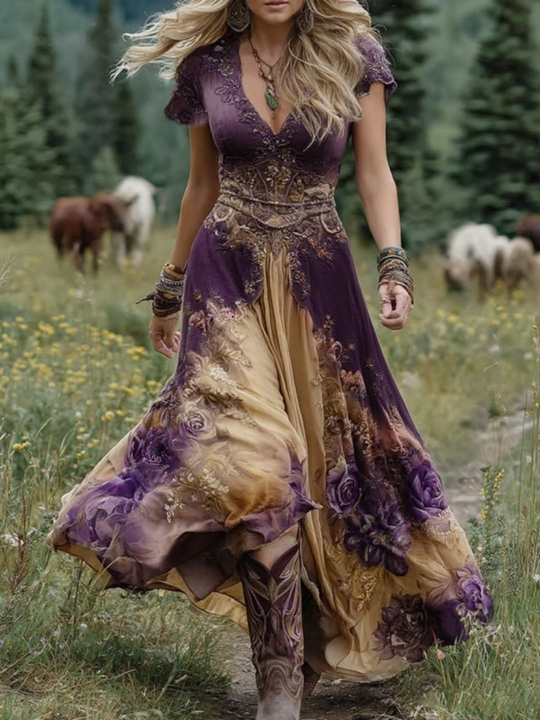 Classy Gradient Purple Lavender And Floral Printed Short Maxi Dress