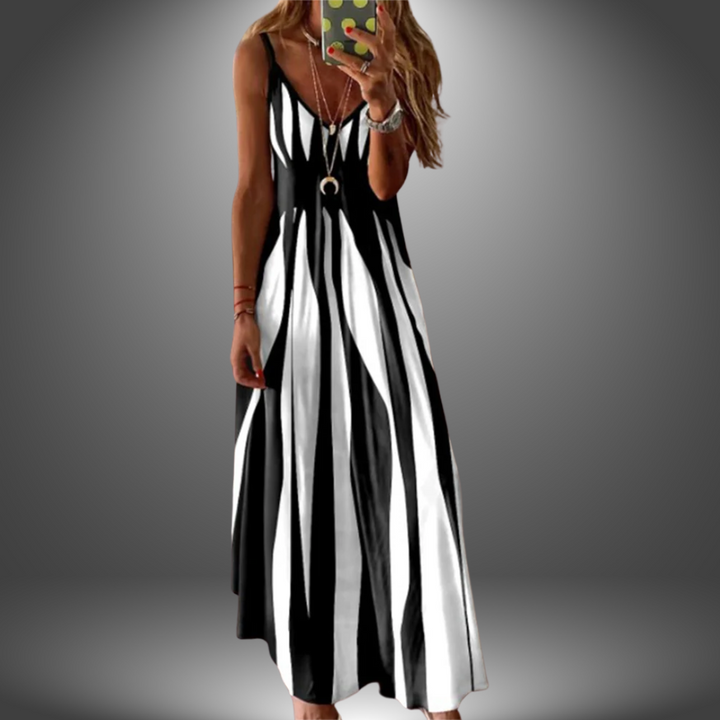 Aria - Elegant Sleeveless Stripe Printed Long Dress