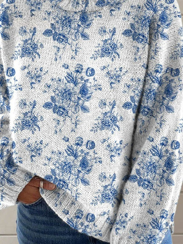 Lovely Floral Pattern Art Print Knit Turtleneck Pullover Sweater