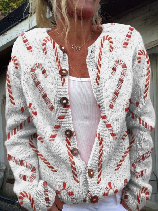 Festive Candy Cane Decorative Pattern Buttoned Cardigan Sweater