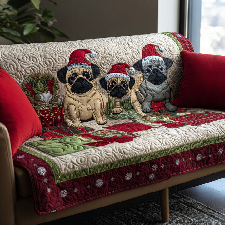 Sandra | Drie mopshondjes met kerst – Handgemaakte bankhoes