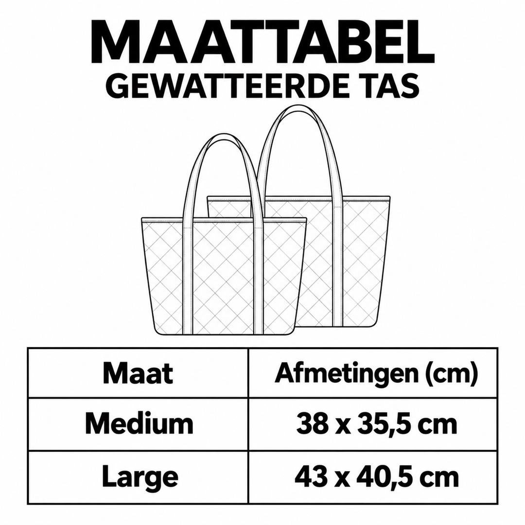 Maattabel gewatteerde tas: M 38 × 35,5 cm, L 43 × 40,5 cm