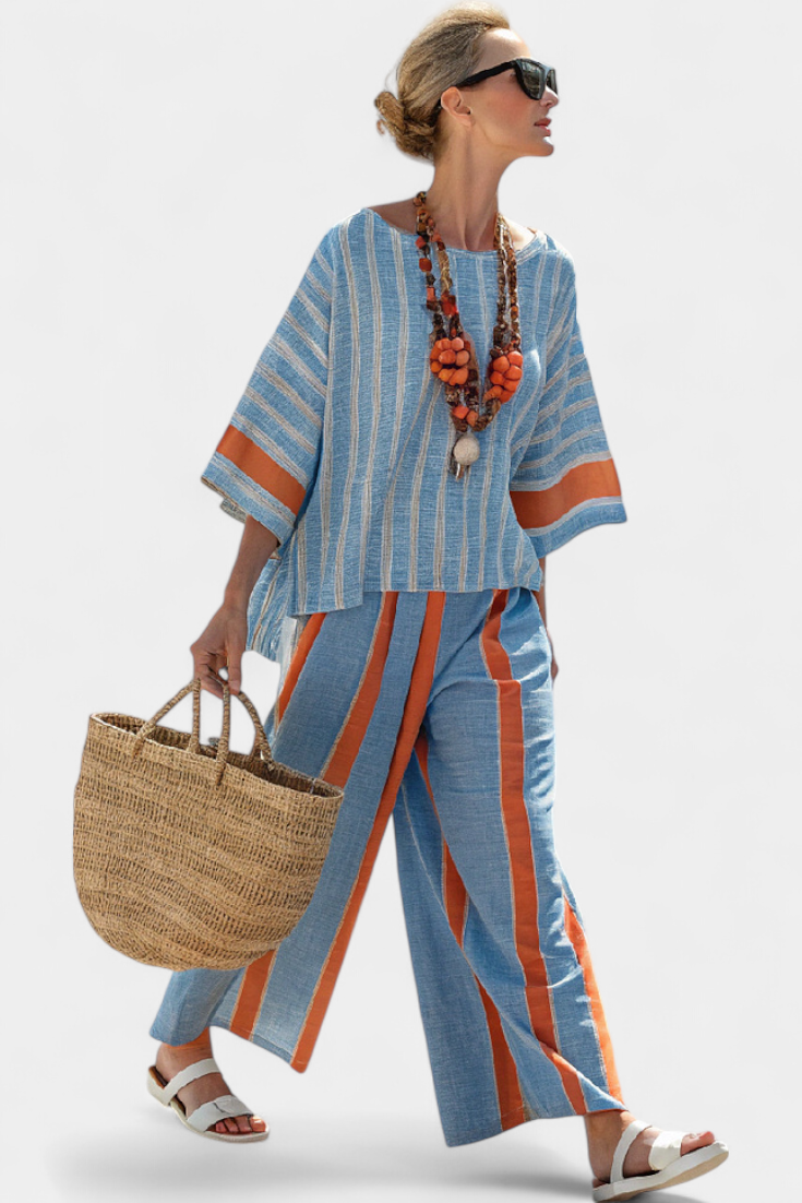 Velmere | Sophisticated Terracotta Striped Top & Linen Pants