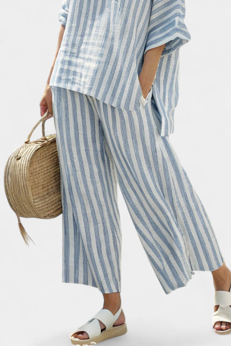 Rensleigh | Sophisticated Blue Striped Linen Top & Relaxed Pants