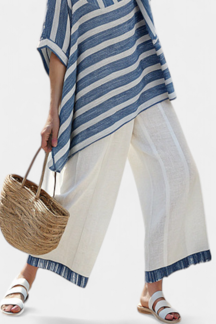 Corvielle | Sophisticated Blue Striped Top & Hem-Detailed Pants