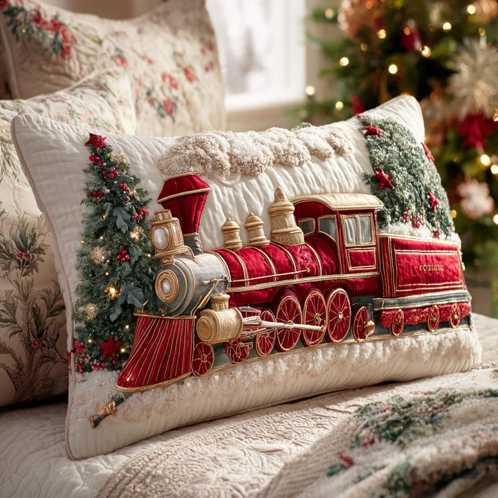 Quilted Decorative Pillowcase - Festive Steam Locomotive