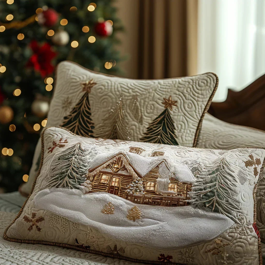 Quilted Decorative Pillowcase - Snow-Covered Cabin