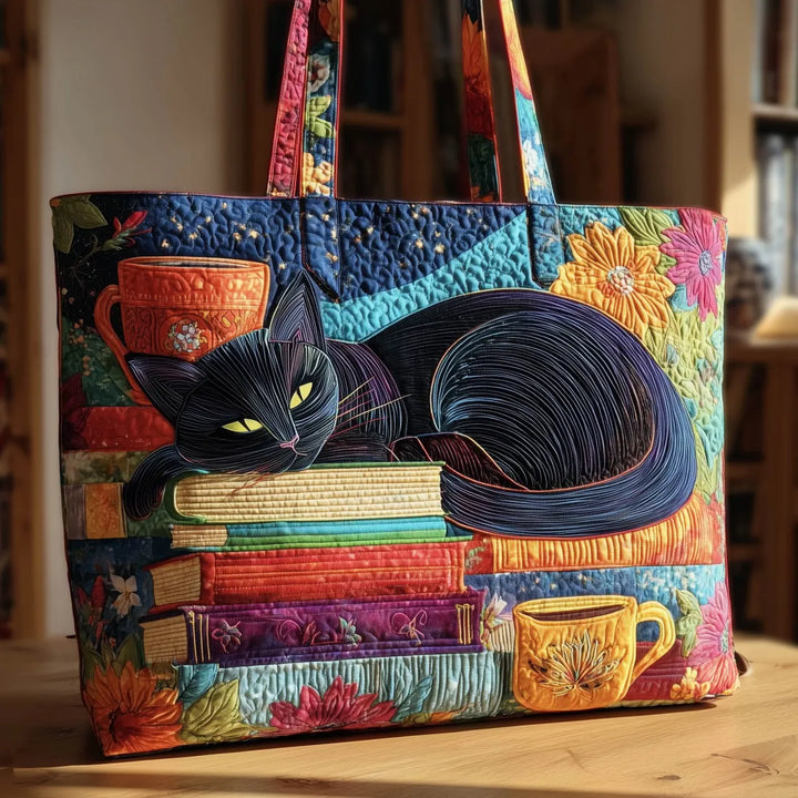 Gewatteerde tas – Zwarte kat met boeken en mokken