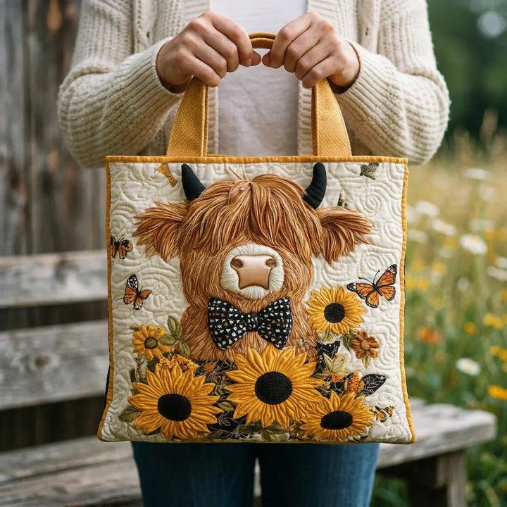 Gewatteerde tas – Schotse hooglandkoe met zonnebloemen