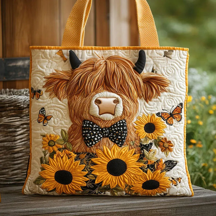 Gewatteerde tas – Schotse hooglandkoe met zonnebloemen