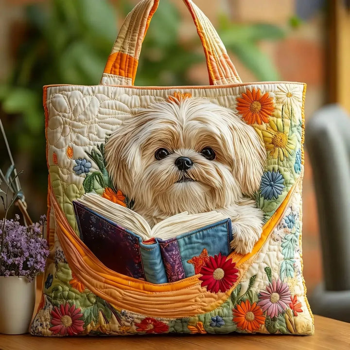 Gewatteerde tas – Shih tzu met boeken en bloemen
