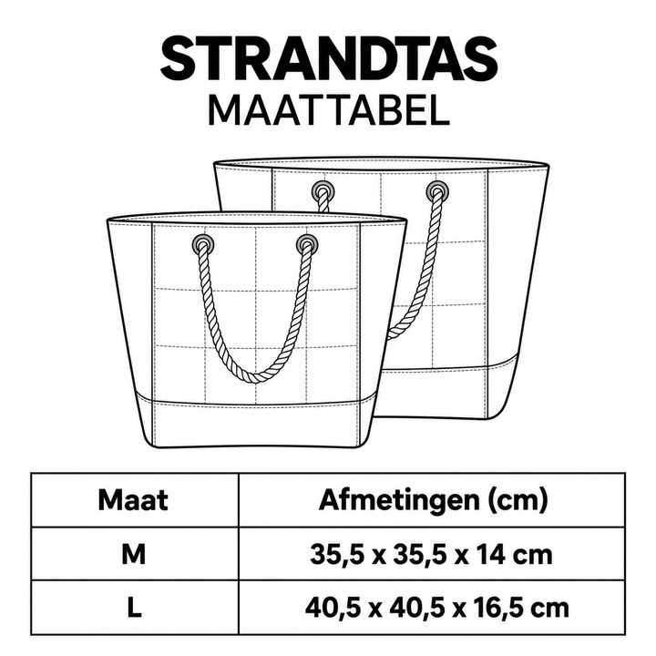 Maattabel strandtas – M en L, afmetingen in cm