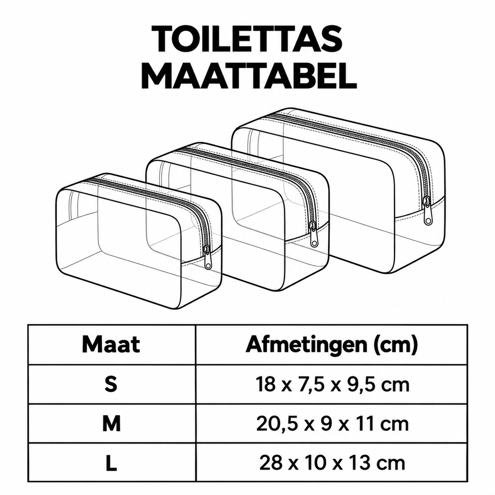 Maattabel gewatteerde toilettas – S, M en L in cm