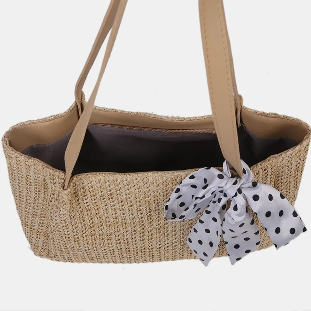 SOLINE – Woven Summer Bag with Leather Details & Bow Accent