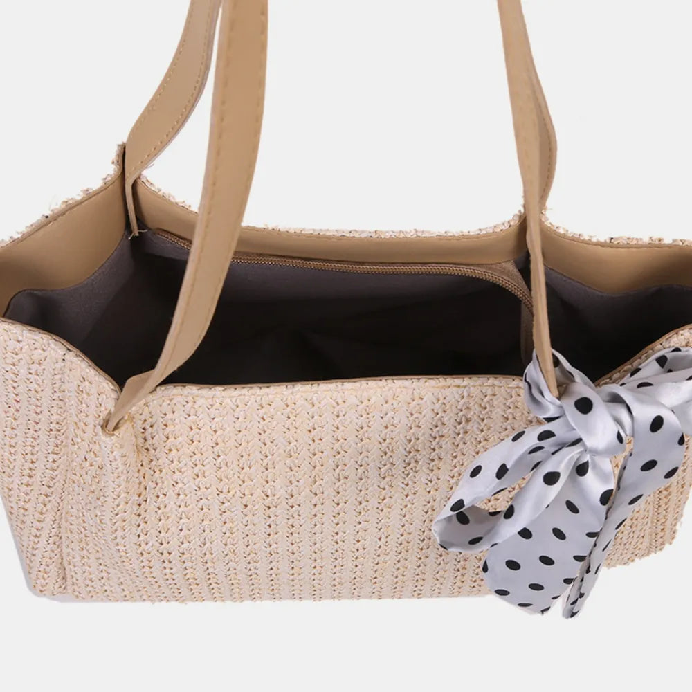 SOLINE – Woven Summer Bag with Leather Details & Bow Accent