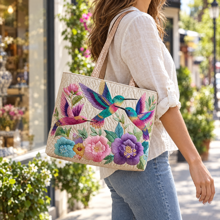 Gewatteerde tas – Kolibries in een bloementuin