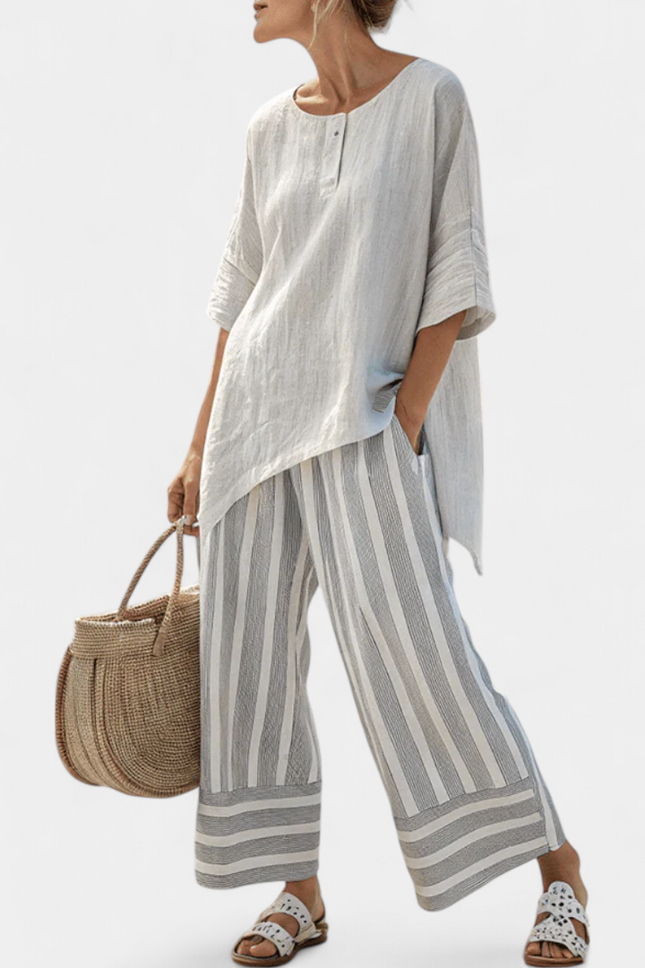 Talvora | Elegant Asymmetrical Blouse & Striped Pants