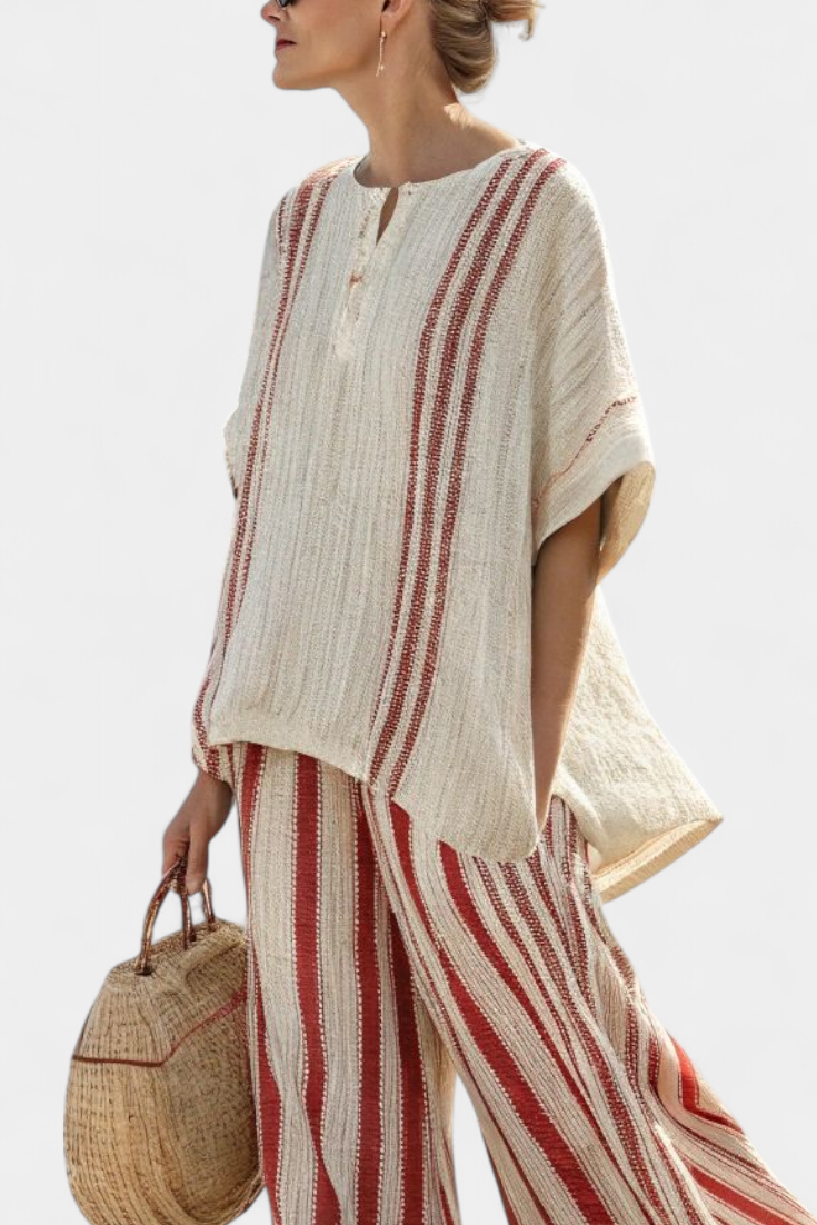 Mirella | Sophisticated Textured Red-Stripe Top & Linen Pants