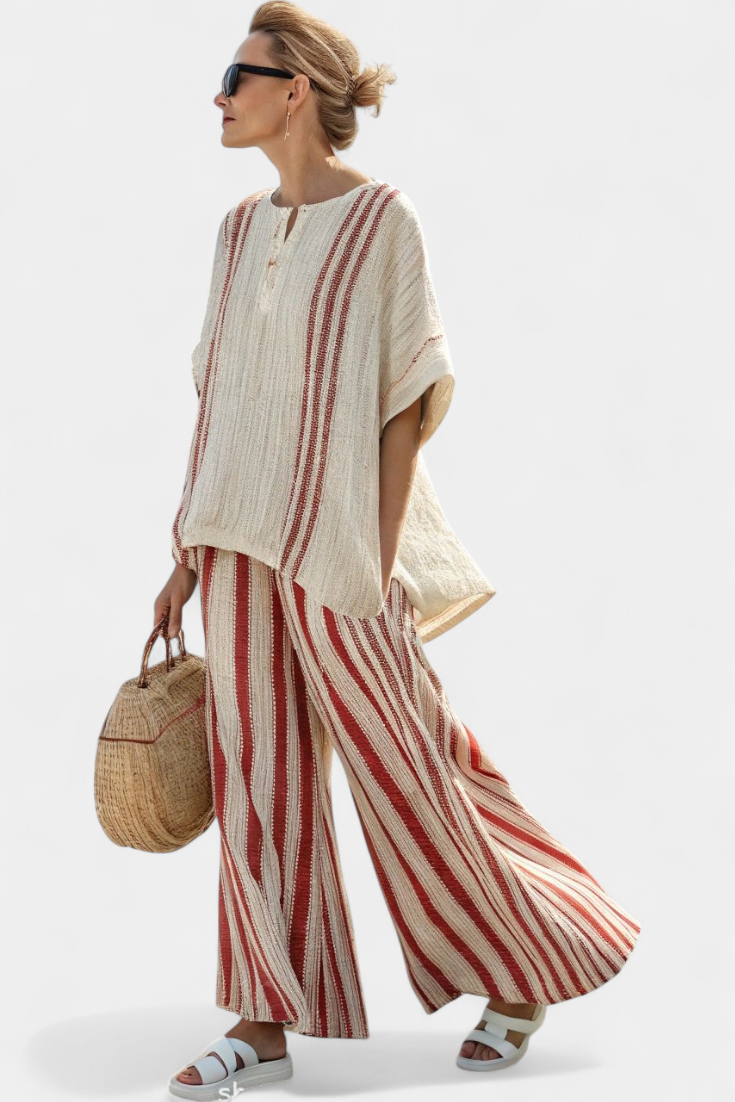 Mirella | Sophisticated Textured Red-Stripe Top & Linen Pants