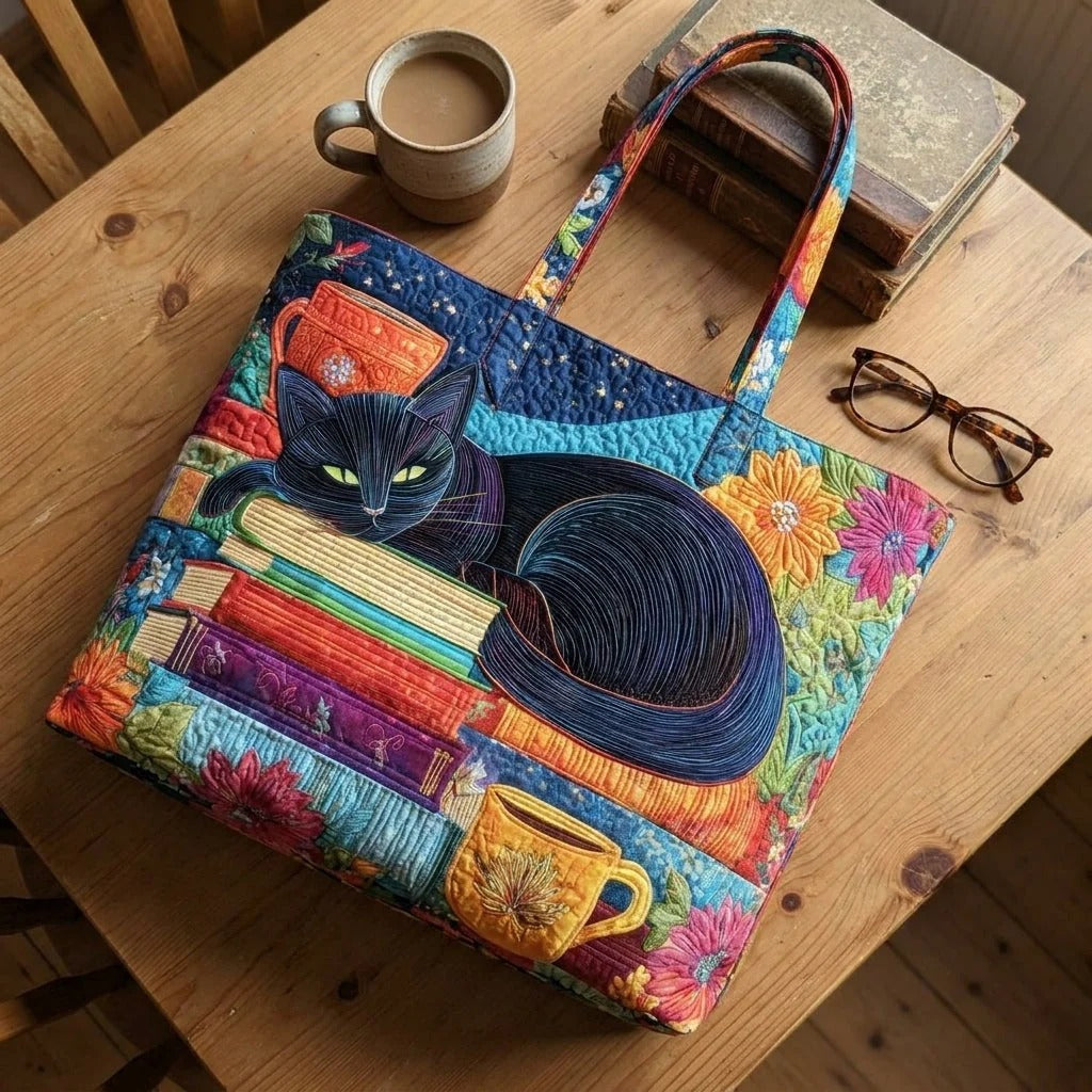 Gewatteerde tas – Zwarte kat met boeken en mokken
