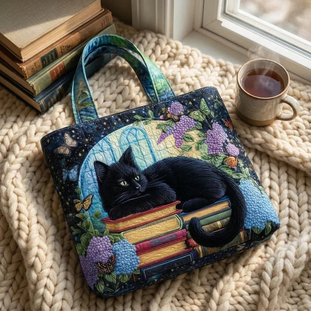 Gewatteerde tas – Zwarte kat op een stapel boeken