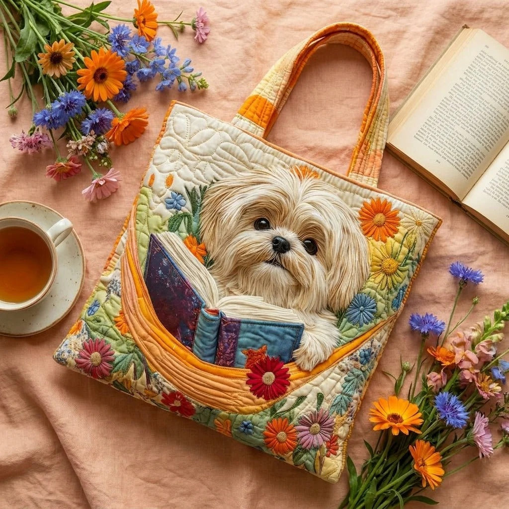 Gewatteerde tas – Shih tzu met boeken en bloemen