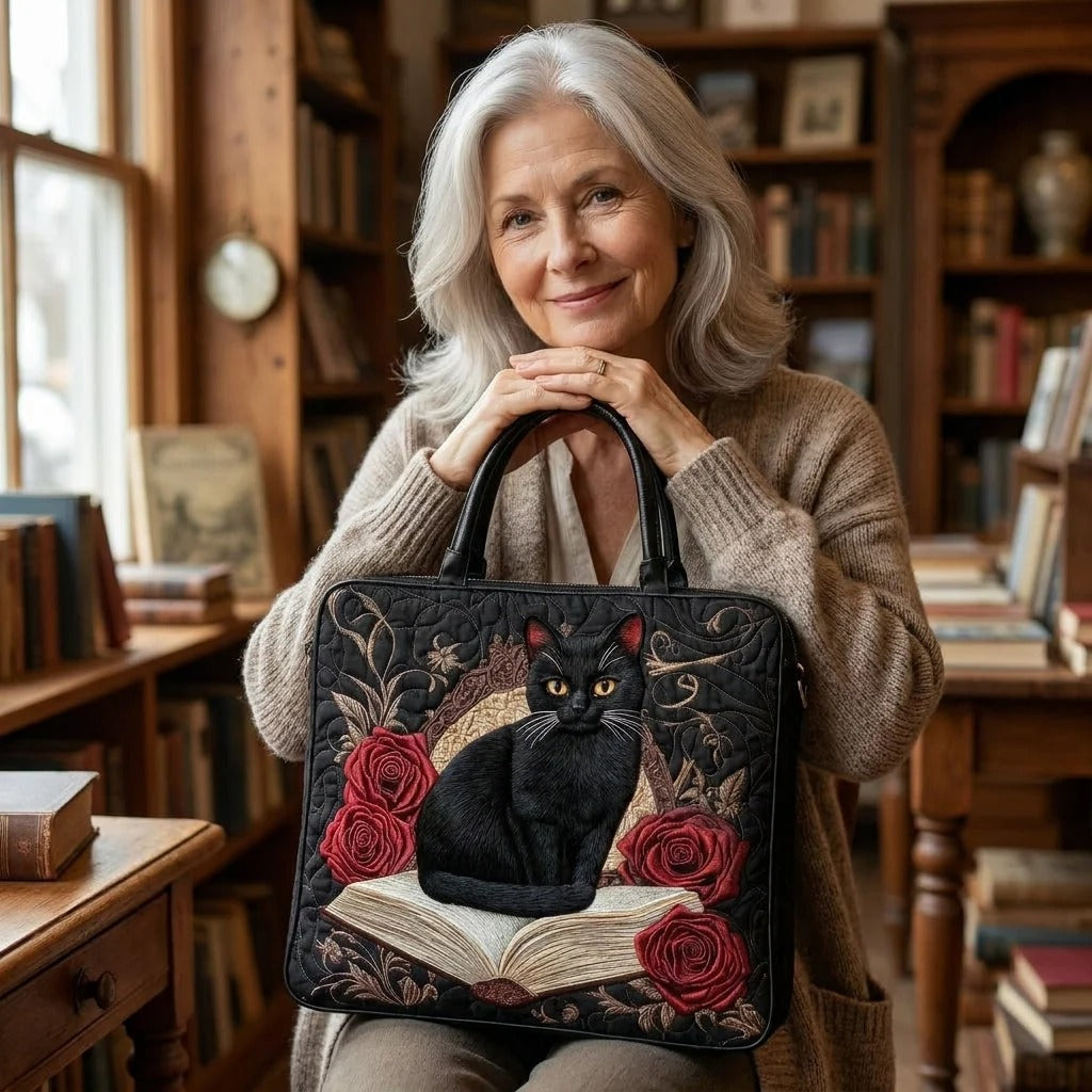 Gewatteerde tas – Zwarte kat met rode rozen