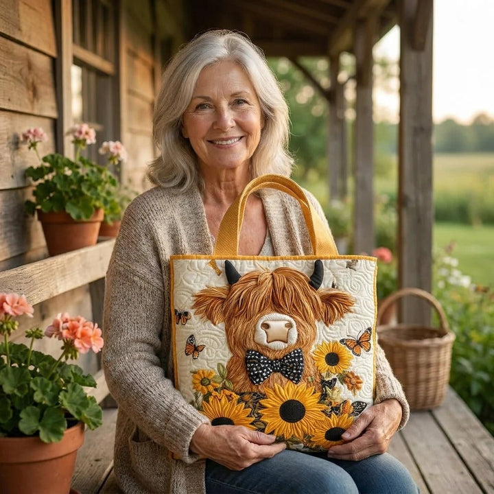Gewatteerde tas – Schotse hooglandkoe met zonnebloemen