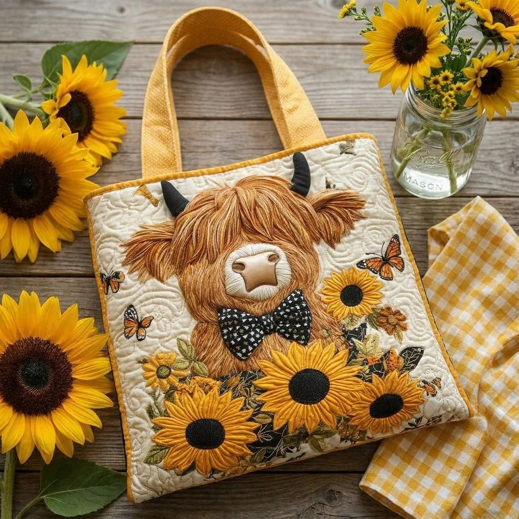 Gewatteerde tas – Schotse hooglandkoe met zonnebloemen