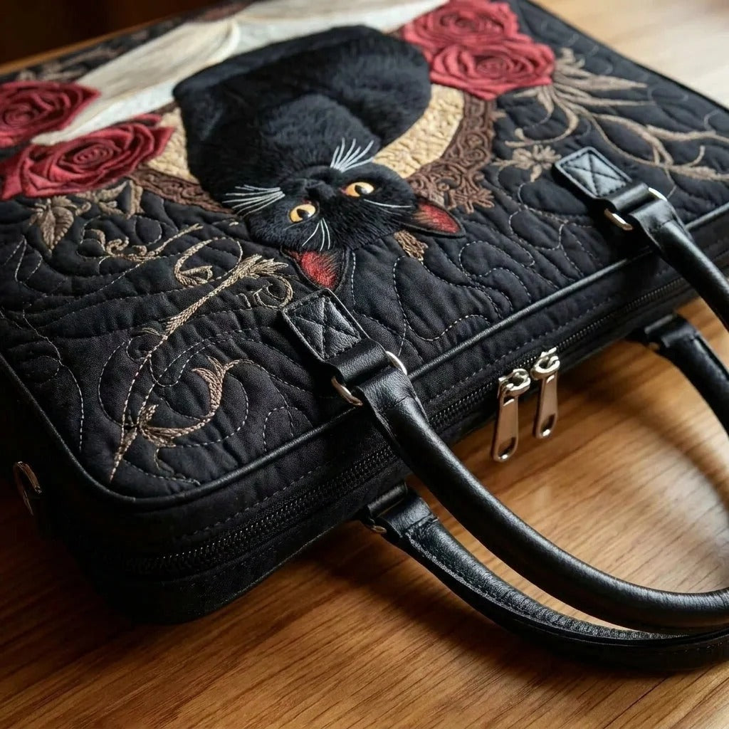 Gewatteerde tas – Zwarte kat met rode rozen