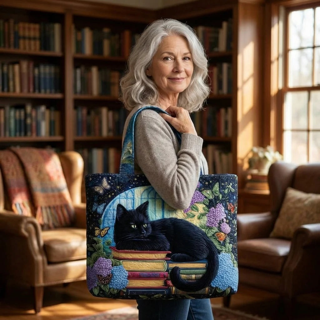 Gewatteerde tas – Zwarte kat op een stapel boeken