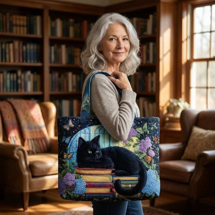 Gewatteerde tas – Zwarte kat op een stapel boeken