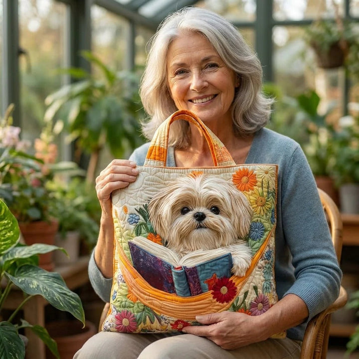 Gewatteerde tas – Shih tzu met boeken en bloemen